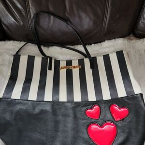 Betsey Johnson Black & White Striped Tote with Red Heart Appliqués